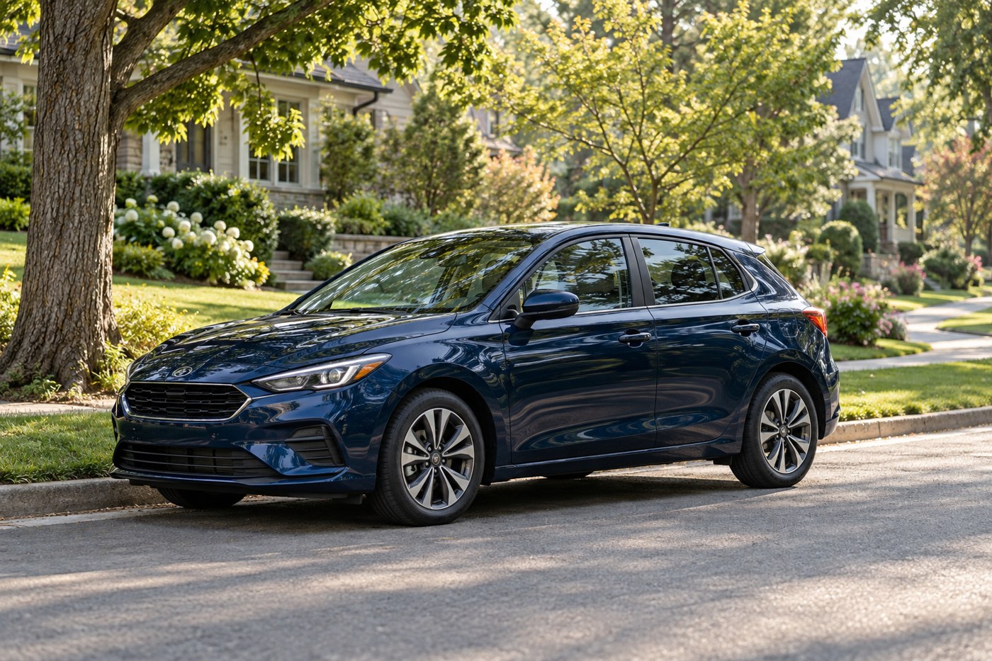Navy blue car parked on a quiet residential street