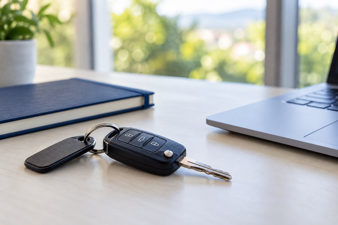 Car keys beside a notebook and laptop on a desk